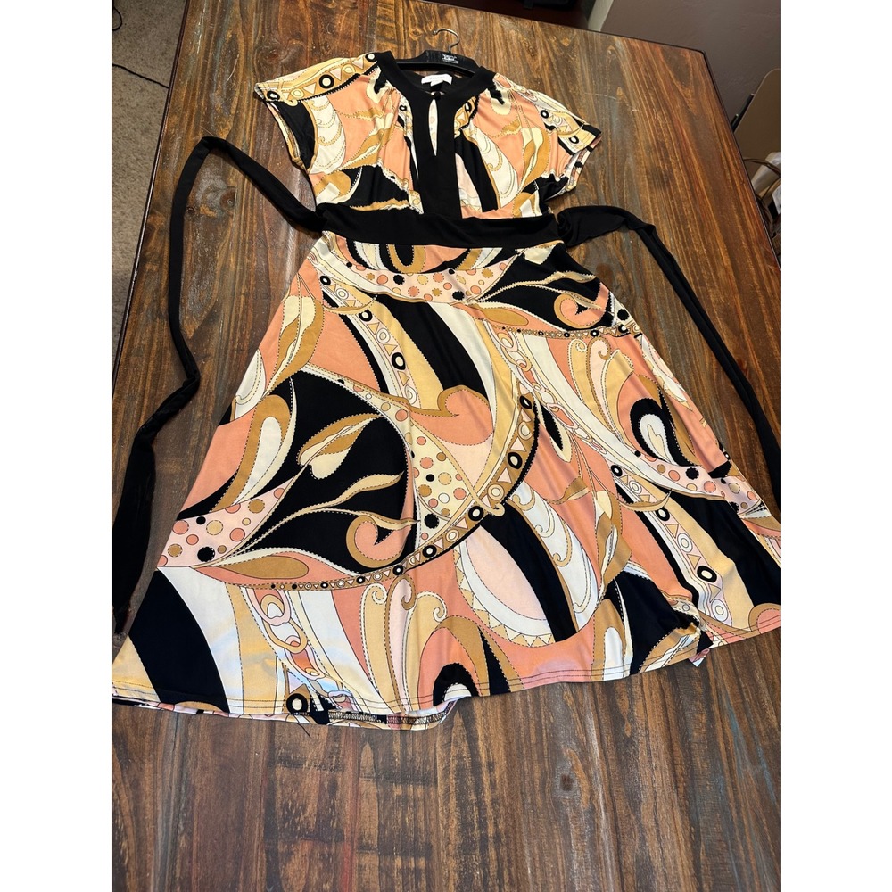 VTG. Dress Barn Abstract Print Dress Sz 10 Black Orange Tan Sleeveless Tie Waist